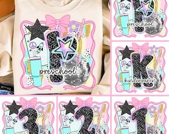 Preppy Teacher Bright Back To School Png Bundle, Teacher Coquette Pink Bow Png, First Day of School Kids Pre-K1st/2nd/3rd Grade brushstroke