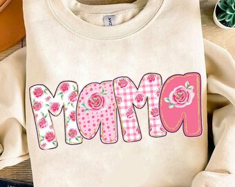 Preppy Mama Floral png, roze bloemen, strepen, Mama Flower png, Preppy Mama png, cadeau voor moeder, Moederdag png, handlettered, glitter