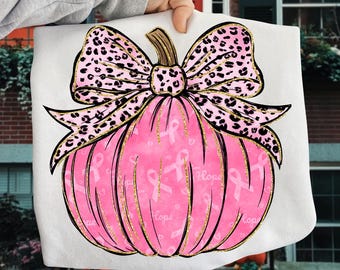 In October We Wear Pink Pumpkin Png, Breast Cancer Awareness Shirt, Breast Cancer Support Png, Coquette Pink Ribbon Png, Leopard,Brushstroke