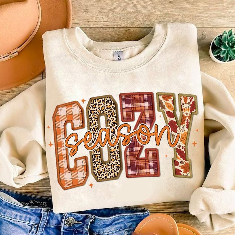 Cozy Season PNG, Embroidery Fall Png, Autumn Png, Retro Halloween Png, Thanksgiving Png, Fall Sublimation Design, Cozy Sublimation Design image 1
