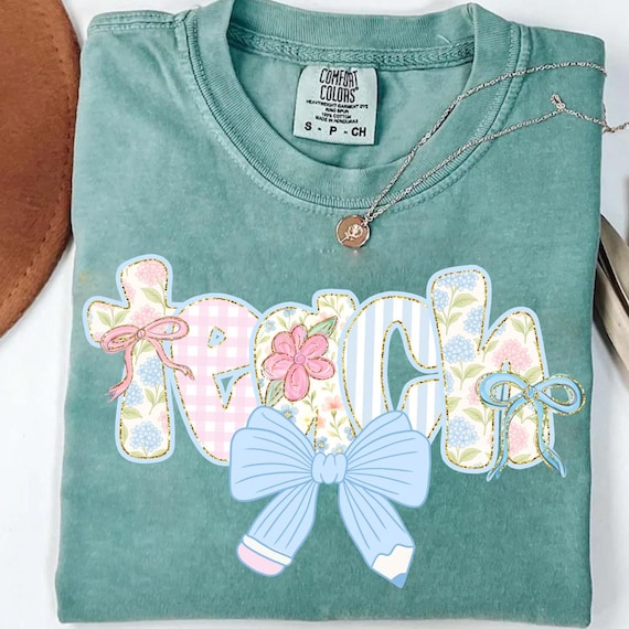 Preppy Blue Floral Teacher Png, Grandmillennial Floral Png, Coquette Bow, Teacher Pencil Bow Png, Teacher Life, Teach Love Inspire Png