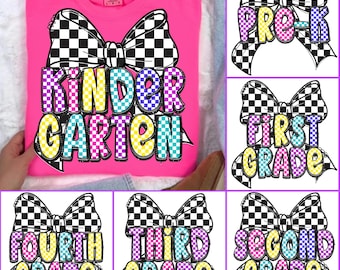 Bright Neon Back to School PNG Bundle, Coquette Kindergarten Pre-K 1st 2nd 3rd 4th Grade Png, Girly Checkered Bow, Hand Drawn, Colorful