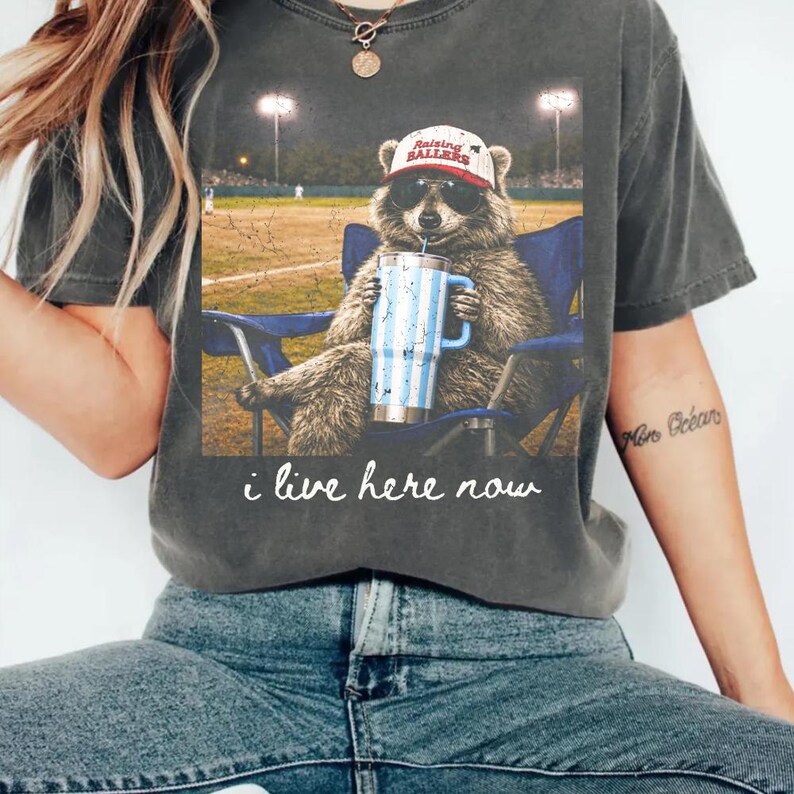 I Live Here Now Raccoon Holding Tumbler 40oz Ballfield Png, Striped ...