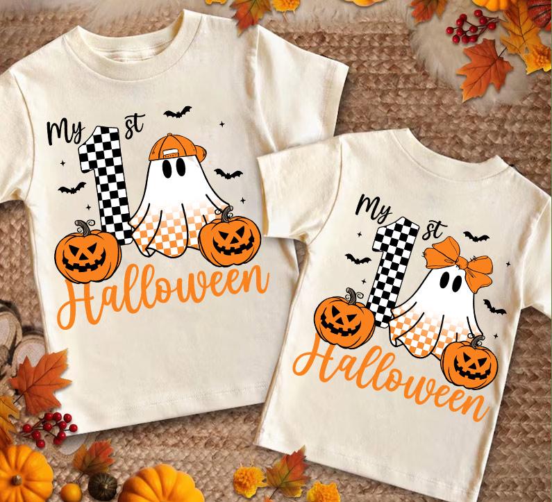 My 1st Halloween Checkered Boo Ghost Pumpkin Png, Halloween Kids Name Png, Coquette Bow, Ballcap, Girl Boy Halloween Png, Spooky Season Png