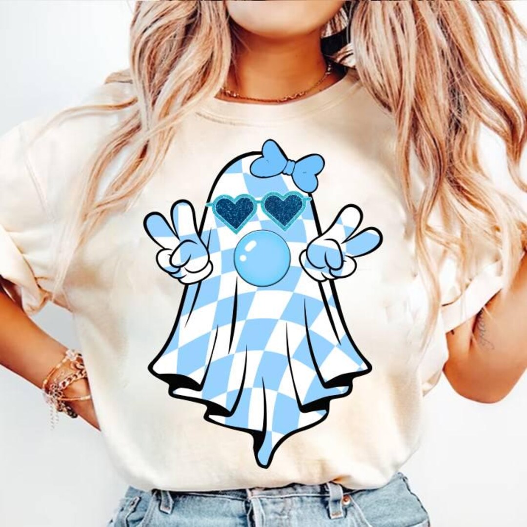 Checked Ghost Cute Girly Ghost Blowing Bubble PNG, Checkered Blue Ghost Shirt ...