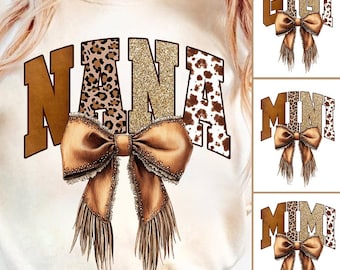 Western Nana Gigi Mimi Mini Cowgirl Schleife png Bundle, Howdy Brown Lederschleife png, Rindsleder Schleife, Howdyästhetik, Cowgirl Schleife, Leopard glitter