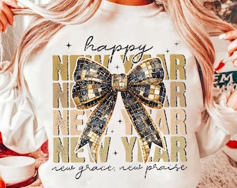 Happy New Year 2025 Png, Gold Coquette Bow Png, Retro New Years Png, Glitter Disco Ball Bow Png, New Year New Praise Png, Varsity Png