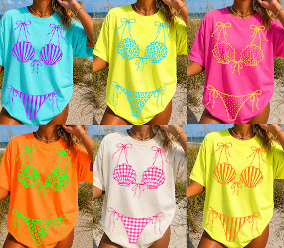 Neon Summer Bikini PNG Bundle, Coastal Summer, Preppy Swimsuit PNG, Striped and PolkaDot Swimsuit, Sunshine Lake Girl Beach Vibes,Bikini PNG