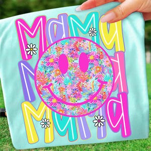 Preppy Mama Floral Smiley Face Coquette Bow Glitter Png, Bright Ditsy Flowers Png, Mother's Day Png, Cottagecore Mama Png