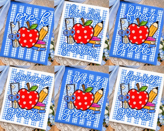 Striped Preppy Back To School Apple Png Bundle, Blue Gingham Pencil Bow PNG, Pre-K To Fourth Grade Design, Teacher Png, First Day Of School