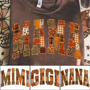 Könnte beinhalten: Ein dunkelbraunes Sweatshirt mit dem Wort MAMA in großen Blockbuchstaben. Jeder Buchstabe ist mit einem Patchwork-Design aus verschiedenen Stoffen in Orange, Braun, Grün und Leopardenmuster gefüllt und hat einen sichtbaren Zierstich.