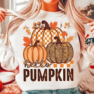 May include: White sweatshirt with a graphic of three pumpkins. The pumpkins are decorated with a checkered pattern, leopard print, and solid orange. The text "hello pumpkin" is printed below the pumpkins.