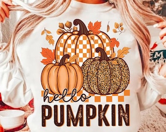 Hello Pumpkin PNG, Pumpkins Checkered, Autumn Leopard Png, Fall Vibes, Sublimation, Instant Download, Leopard Pumpkin PNG, Pumpkin patch