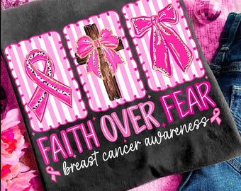 Coquette Breast Cancer Faith Over Fear Png, In October We Wear Pink Png, Breast Cancer Pink Ribbon Cross Png, Leopard, Checkered, Glitter