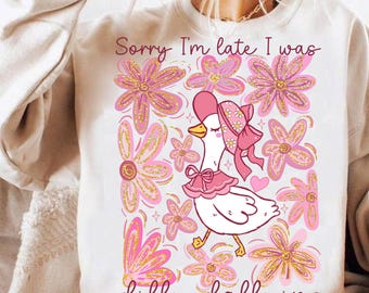 Rosa boho blommig gås png, mamma gås png, vårblommigt glitter png, ledsen att jag är sen, jag var Dilly Dallying Girly PNG, rosettanka, gåsälskare