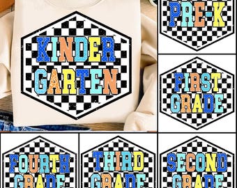 Checkered Back to School Boys PNG Bundle, Blue Kindergarten Kid Design, First Day PNG, Pre-K to Third Grade Png,School Boy Sublimation File