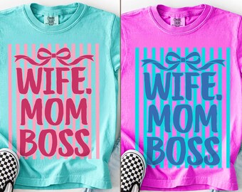 Striped Wife Mom Boss PNG, Trendy Mama Sublimation Design, Motherhood Png, Mother's Day, Preppy Mom Shirt Design, Trending Shirt Design