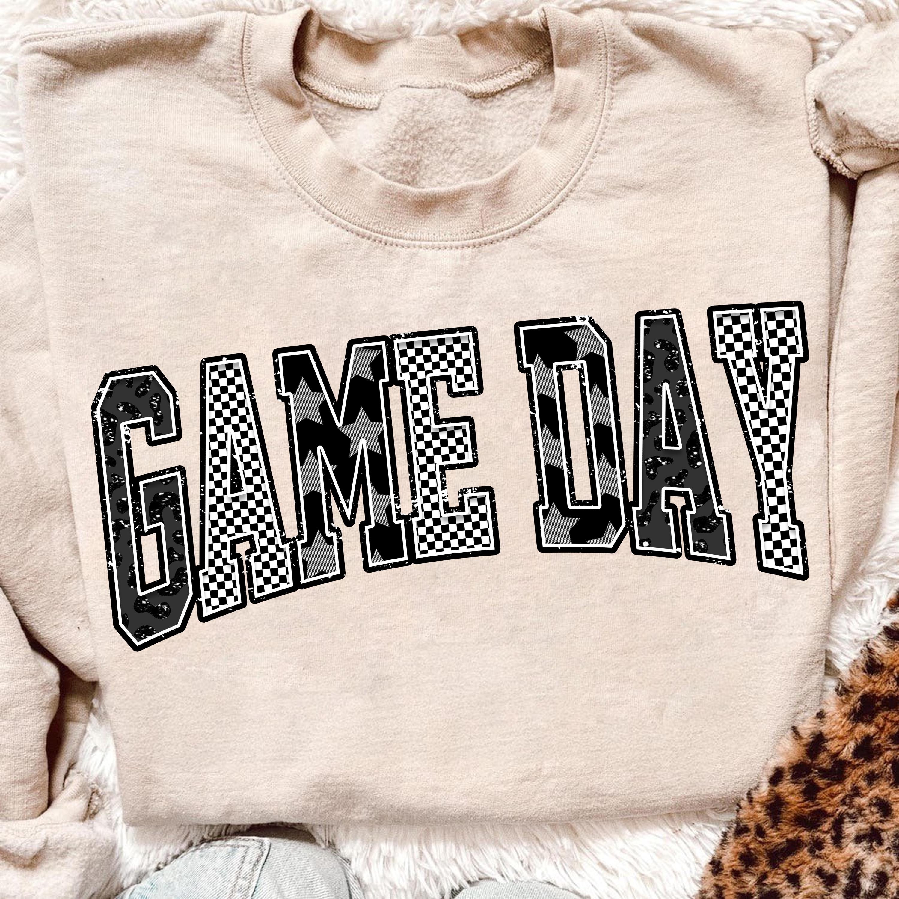 Game Day PNG, Checkered Star Football PNG, Black White Game Day Shirt Design, Retro Sports Sublimation Download