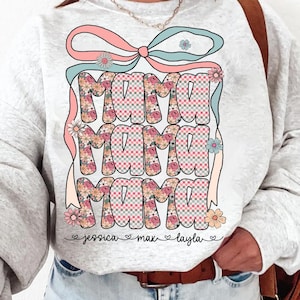 Preppy Mama Floral Coquette Bow Png, Retro Boho Floral Mama with kids names Png, Everyday Png, Cute Mama Design, Checker Sublimation Design