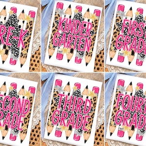 May include: A collection of six rectangular cards featuring a black and white speckled star, leopard print pencils, and yellow stars. The cards display the text PRE-K, KINDERGARTEN, FIRST GRADE, SECOND GRADE, THIRD GRADE, and FOURTH GRADE in pink.