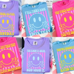 Può includere: Una collezione di t-shirt colorate, viola, blu e rosa, con grafiche di faccine sorridenti e testi come "You've Got This" e "Slaying This Test". Le magliette hanno un'atmosfera retrò e positiva. Le magliette sono casual.