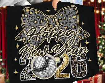 Frohes Neues Jahr 2026 Png, Trendy Silvester Png, Schwarz und Gold Glitzer Png, Kokette Leopard Bogen Neujahr, Hallo 2026 Png