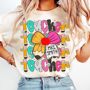 Preppy Teacher Pencil Coquette Bow Doodle Png, Custom Teacher Name Png, Preppy Teach Love Inspire Png, Checkered Sublimation, Leopard