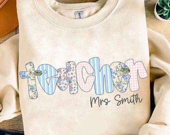 Coqueta floral para maestra preppy (PPT), floral azul para enseñar (PPT), diario (PPT), lazo para lápiz, diseño personalizado para maestra preppy, sublimación a cuadros