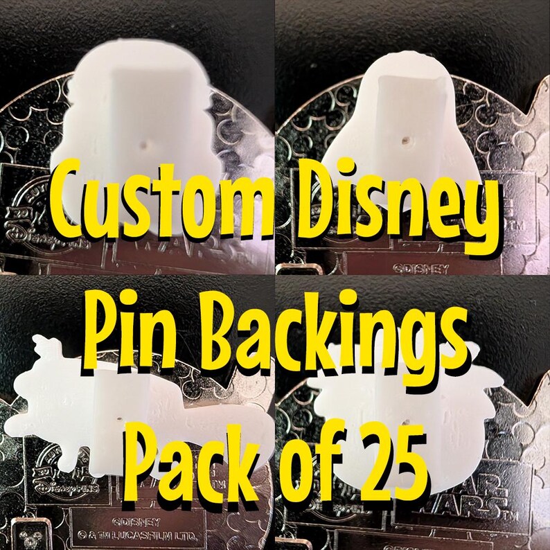 Op de afbeelding: Een pakket van 25 aangepaste Disney-pin-achterkanten. De afbeelding toont vier Disney-spelden met witte plastic pin-achterkanten. De tekst "Custom Disney Pin Backings Pack of 25" is geel overgelegd.