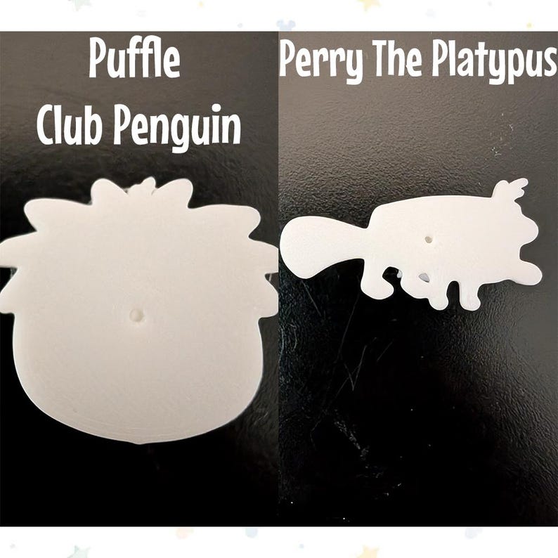 Op de afbeelding: Twee witte uitsparingen van stripfiguren op een zwarte achtergrond. E&eacute;n is een pingu&iuml;n met de tekst "Puffle Club Penguin" erboven. De andere is een vogelbekdier met de tekst "Perry The Platypus" erboven. Beide hebben een gat in het midden.
