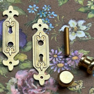 May include: A collection of antique brass hardware components, including two ornate keyhole covers, a threaded rod, and two different style knobs. The hardware has a vintage aesthetic, with decorative scrollwork and a warm, golden hue.