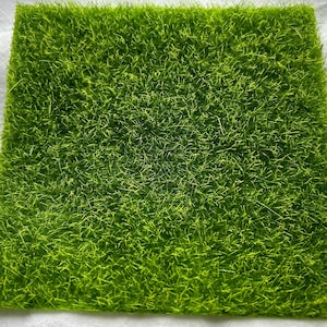 Puede incluir: Una lámina de césped artificial de color verde brillante. El césped es corto y denso, creando un aspecto realista.