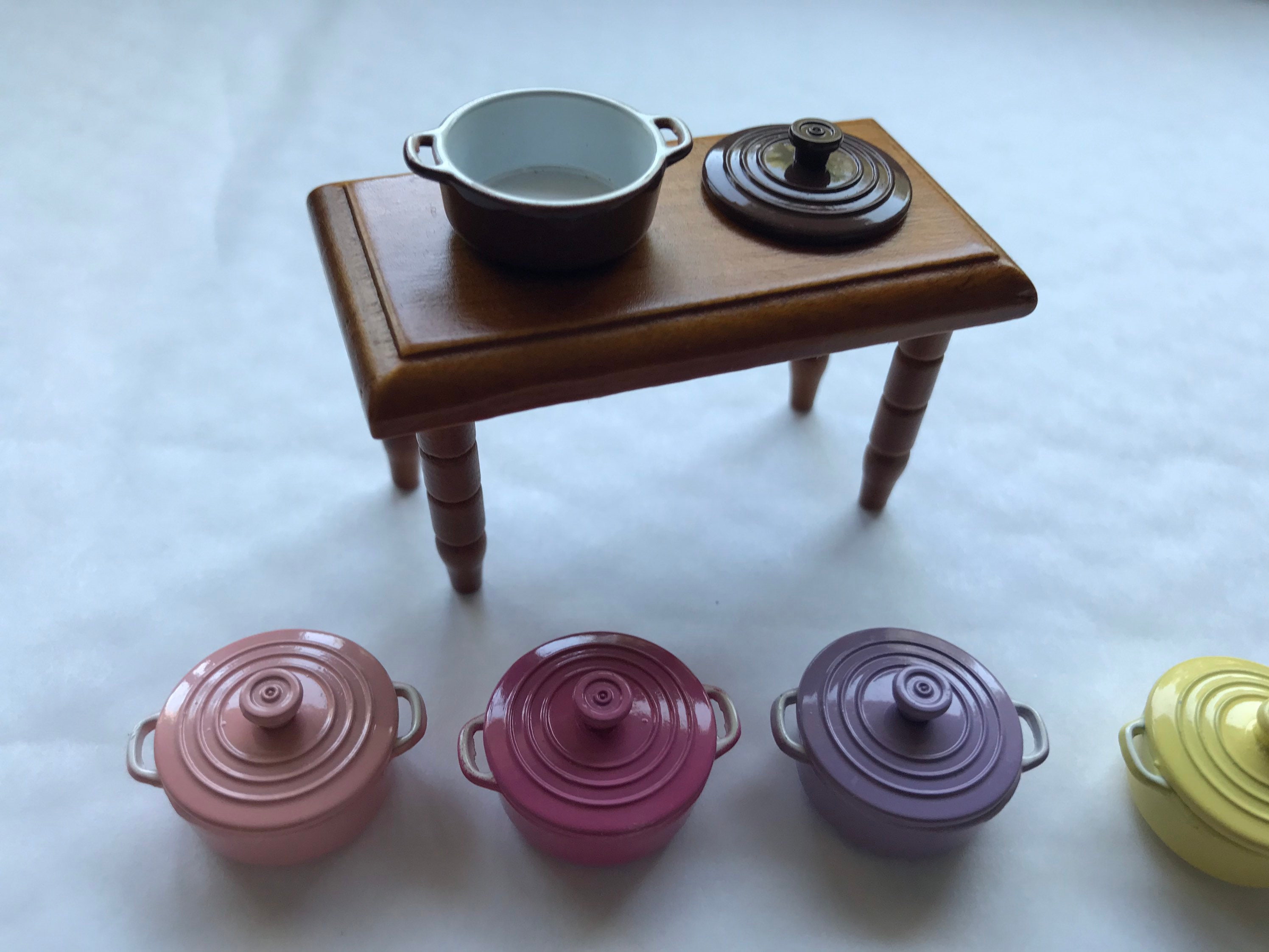 9 Piece Set of Vintage Miniature Cast Iron Pots, Scuttle Bucket, Pans,  Ceramic Pitcher & Bowl, Decorative Kitchen Shelf With Accessories 