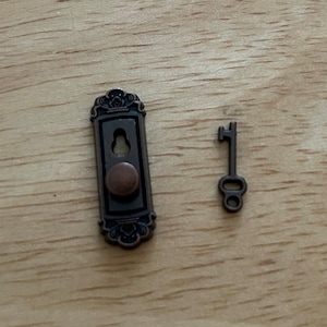 May include: A small, antique-style bronze key and a matching door plate with a decorative design. The door plate has a circular knob and a keyhole. The key is a skeleton key design.