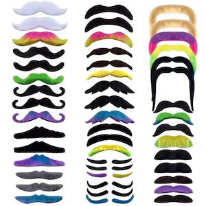 Pode incluir: Uma coleção de bigodes postiços adesivos variados em diferentes formas, tamanhos e cores, incluindo preto, branco, cinza, amarelo, verde, azul, roxo e gradientes multicoloridos, dispostos em três colunas verticais sobre um fundo branco.