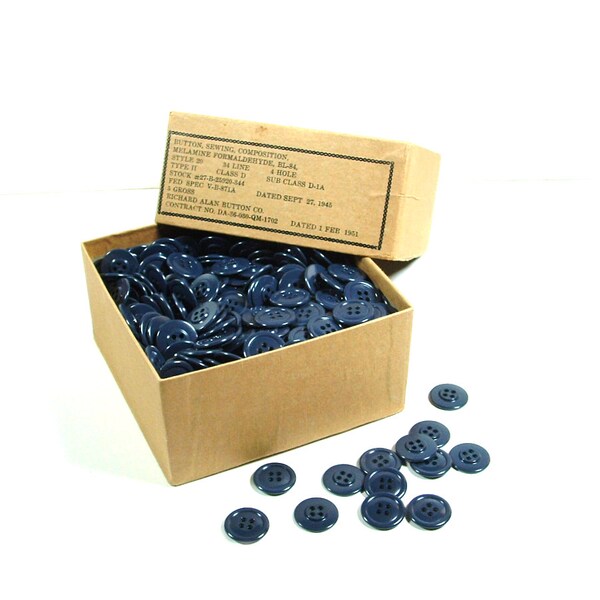 Vintage 1940s Blue Melamine Buttons - Richard Alan Button Co - Box Count 5 Gross - 4 Hole 7/8