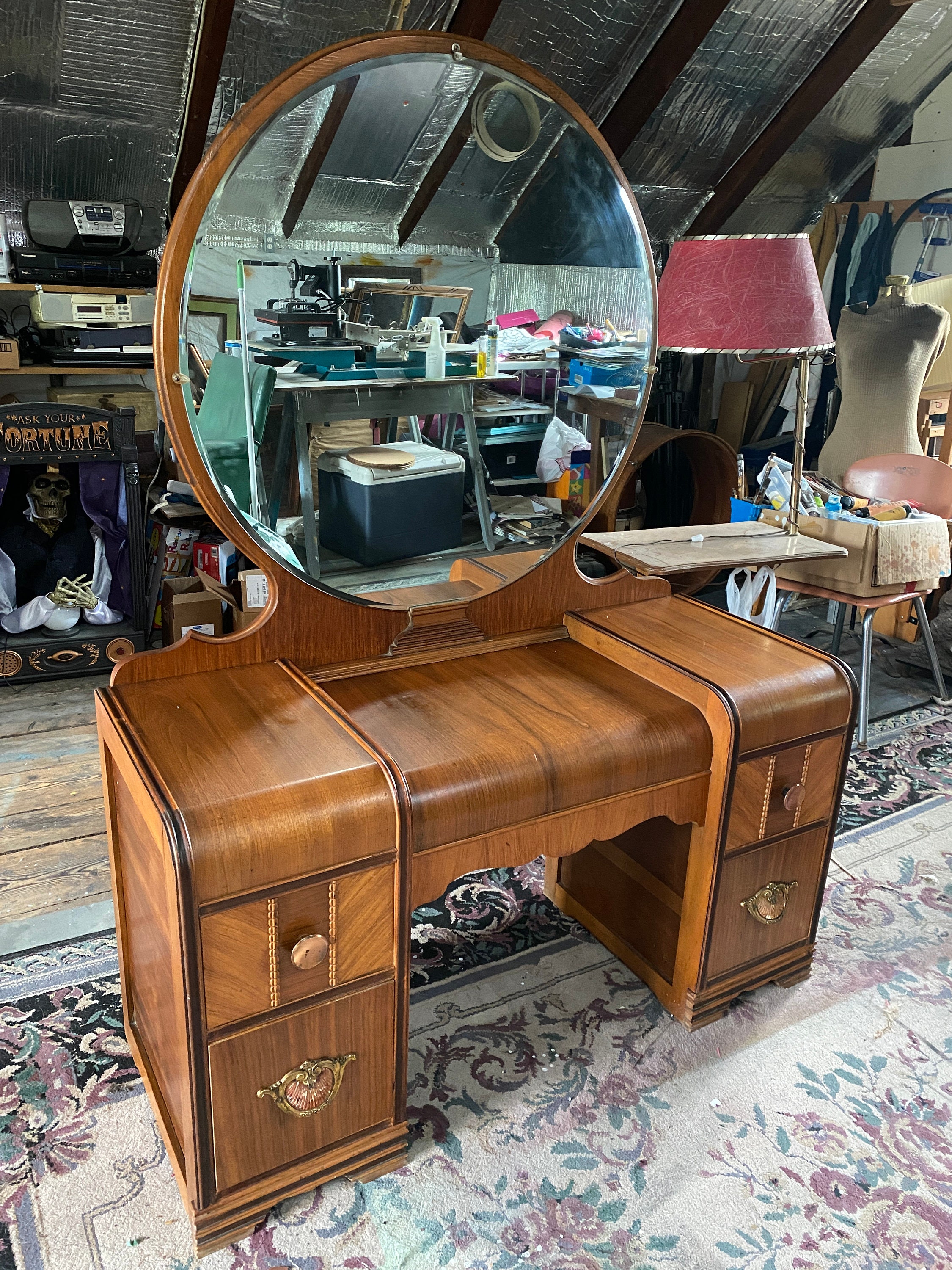 1930s 40s Vanity With Large Round Mirror Bakelite Scalloped