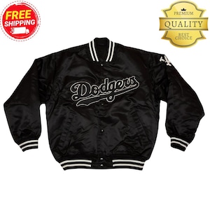 LA Dodgers Black Satin Bomber Jacket – Vintage Varsity Style MLB Baseball Coat, Retro Letterman Fan Outerwear for Men & Women