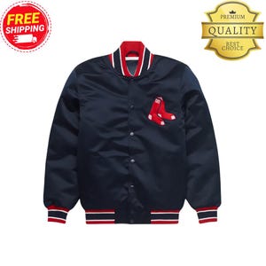 Boston Red Sox Satin Jacket – Navy Blue MLB Varsity Bomber, Retro 90s Baseball Letterman Coat, Vintage Team Outerwear, Unisex Fan Style