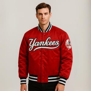 New York Yankees Satin Bomber Jacket – Red 90s Vintage Varsity Baseball Coat, Letterman Style – Unisex Fan Apparel