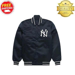 MLB New York Yankees Blue Satin Varsity Jacket – 90s Vintage Baseball Bomber – Unisex Retro Letterman Coat
