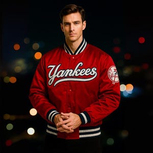 MLB New York Yankees Red Varsity Jacket – Retro Satin Bomber Jacket, Classic Baseball Letterman Coat, 90s Vintage Sportswear, Unisex