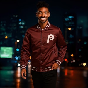 Philadelphia Phillies MLB Maroon Satin Bomber Jacket, Vintage Baseball Letterman Varsity Jacket, Classic Game Day Fan Gift, Unisex Apparel