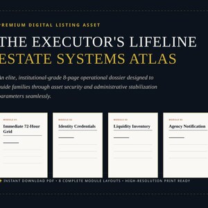 May include: A digital document titled The Executor's Lifeline Estate Systems Atlas, an 8-page operational dossier. It features four modules: Immediate 72-Hour Grid, Identity Credentials, Liquidity Inventory, and Agency Notification, presented on a dark background.