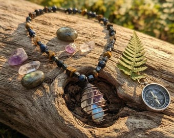 Handgemaakte kristallen ketting | Tijgeroog, amethist, maansteenhanger | Boho-sieraden met magnetische sluiting