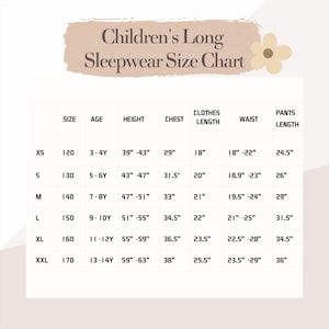 May include: A size chart for children's long sleepwear, with measurements in inches. The chart includes sizes XS to XXL, detailing age, height, chest, clothes length, waist, and pants length.