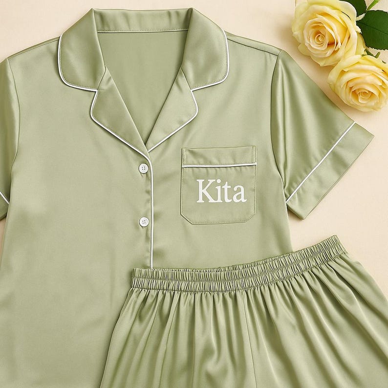 Op de afbeelding: Saliegroene pyjamaset met witte bies. De top met korte mouwen heeft een borstzak met de naam "Kita" in het wit geborduurd. De set bevat een bijpassende short. Twee gele rozen staan op de achtergrond.