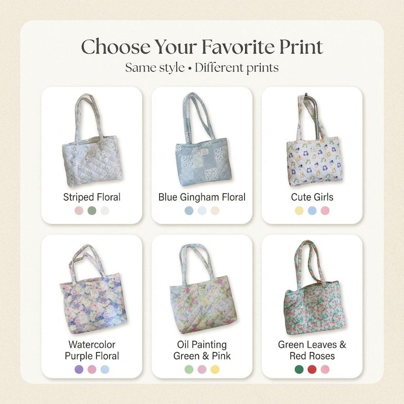 May include: The image showcases six tote bags, each with a unique floral or patterned design. The text "Choose Your Favorite Print" and "Same style. Different prints" is displayed above the bags. The bags include designs like striped floral, blue gingham floral, and watercolor purple floral.