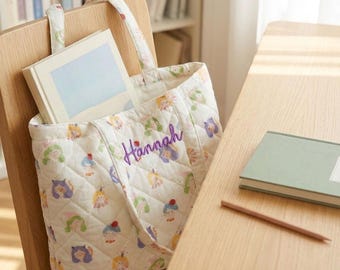 Personalized Floral Tote Bag,Custom Embroidered High-capacity Tote,Large Cotton Reusable Tote Bag,Custom Embroidered Name,Gift for Mom