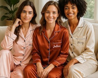 Brautjungfer lange Pyjamas Set, Brautjungfern Geschenk, Braut Pyjamas Sets, personalisierter Pyjama Set für Frauen, personalisierter Brautjungfer Pyjamas Set